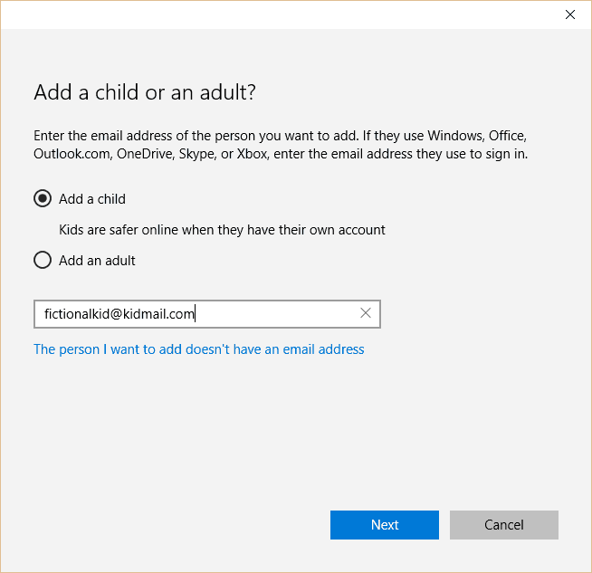 windows 10 child account