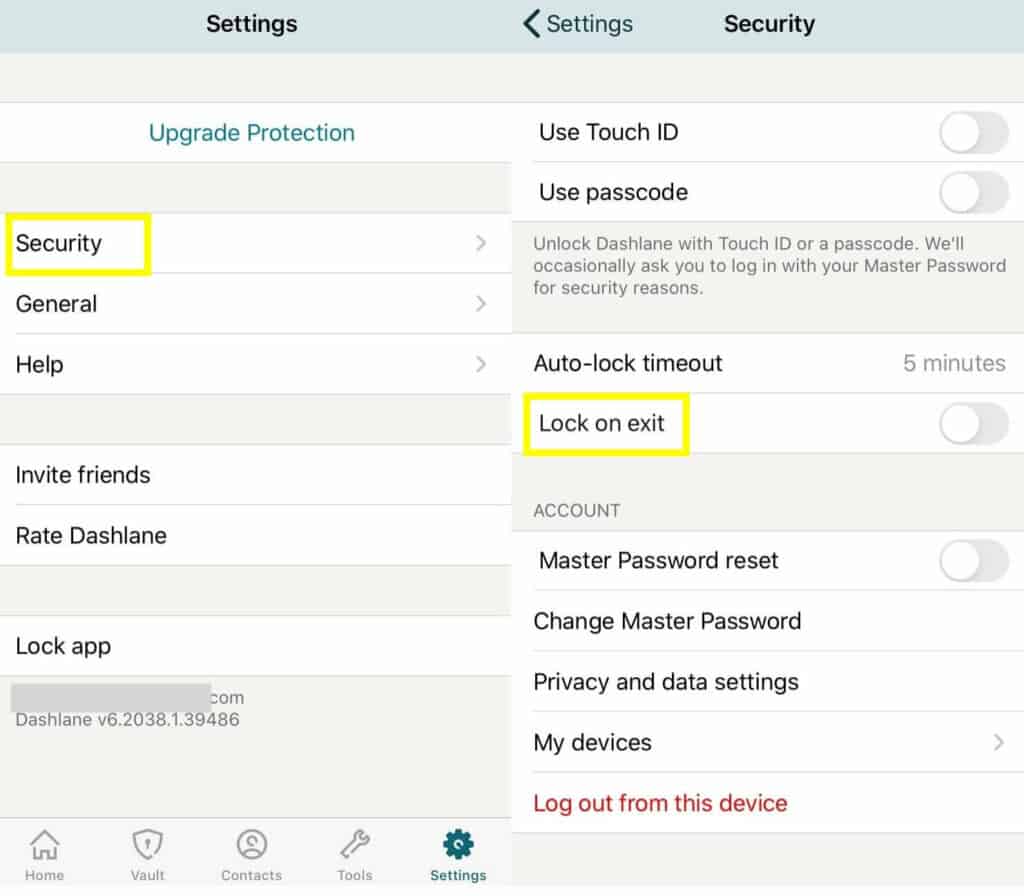 Mobile lock setup on Dashlane
