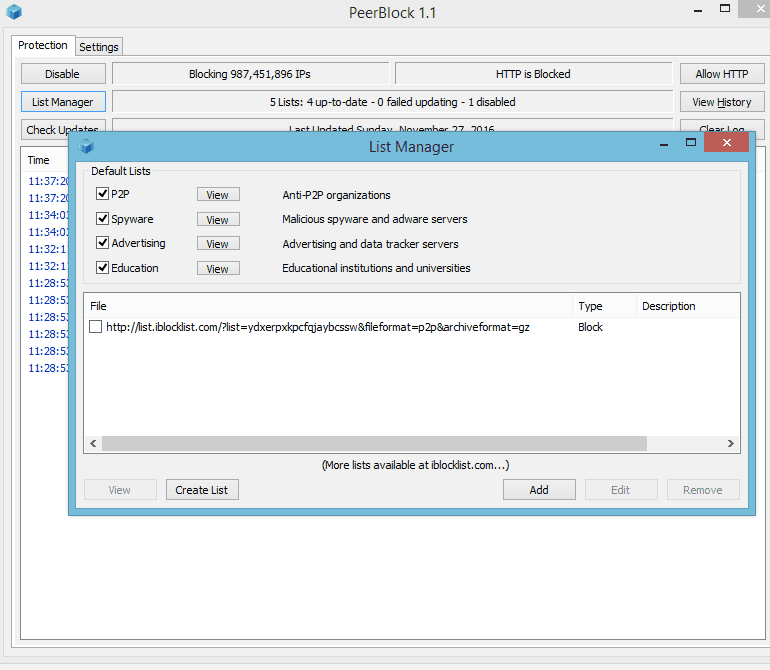 Adding lists to Peerblock
