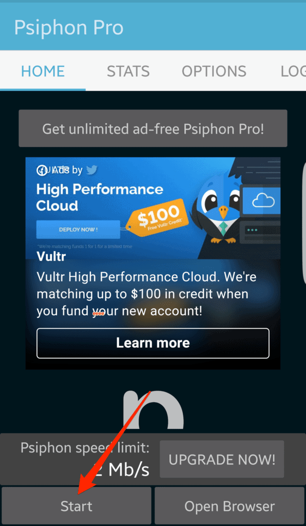 Psiphon for Android main screen