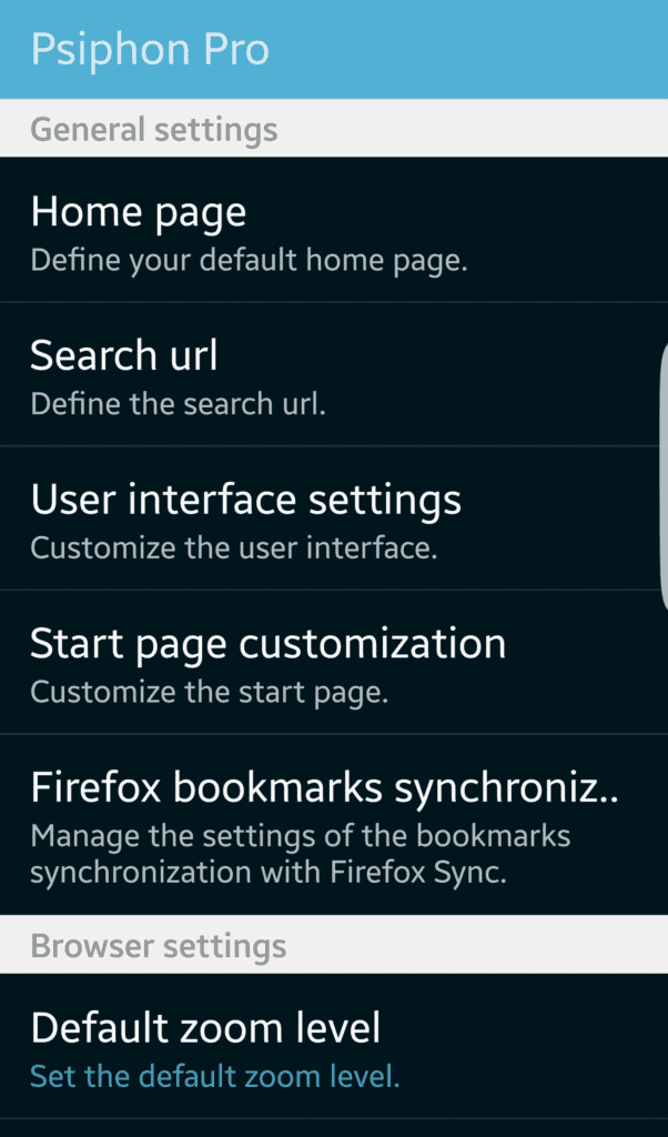 Psiphon for Android web page after connect