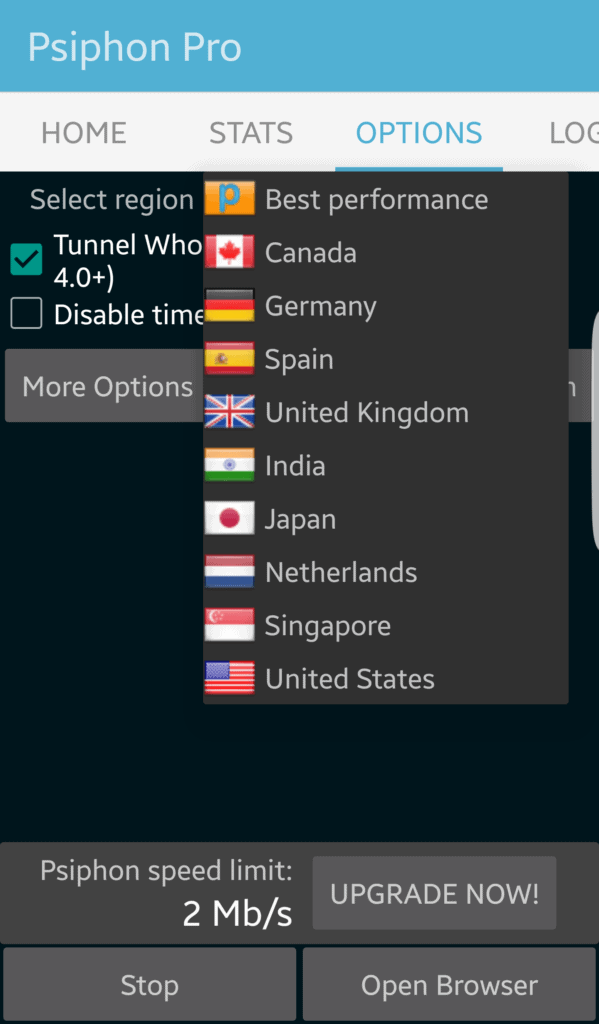 Psiphon for Android region selection