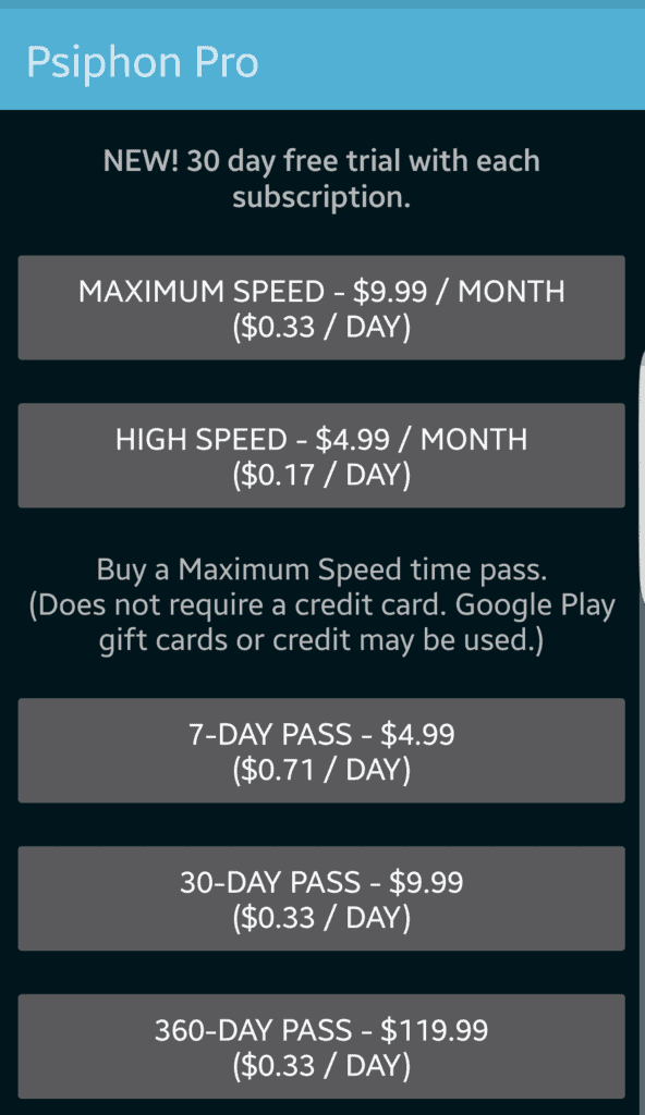 Psiphon for Android subscription options