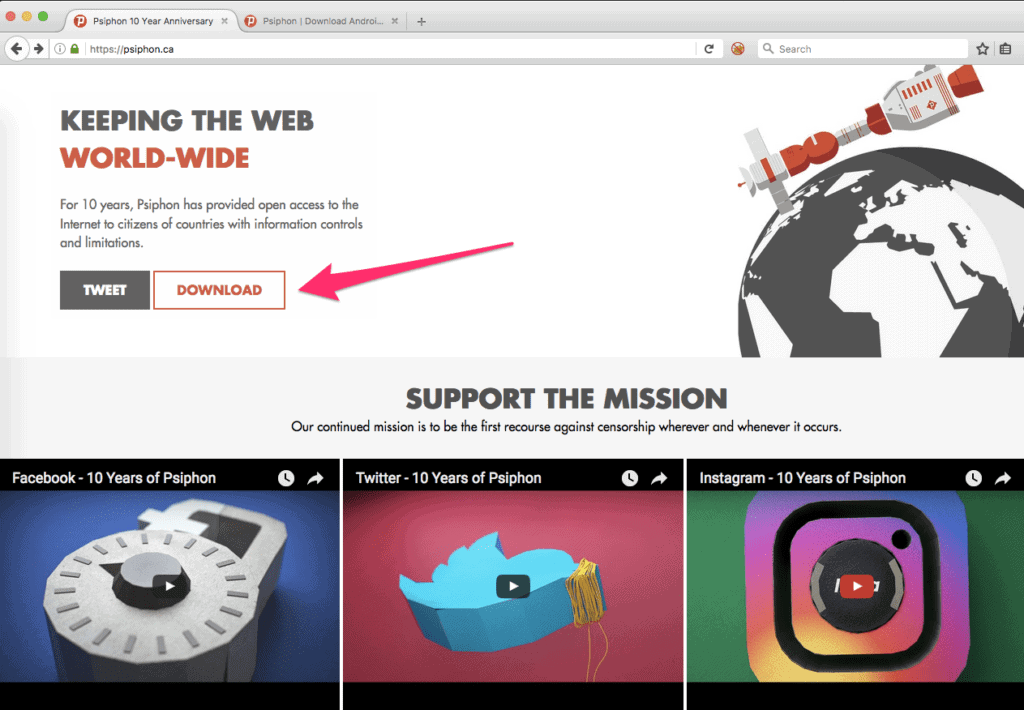 Psiphon main page of website