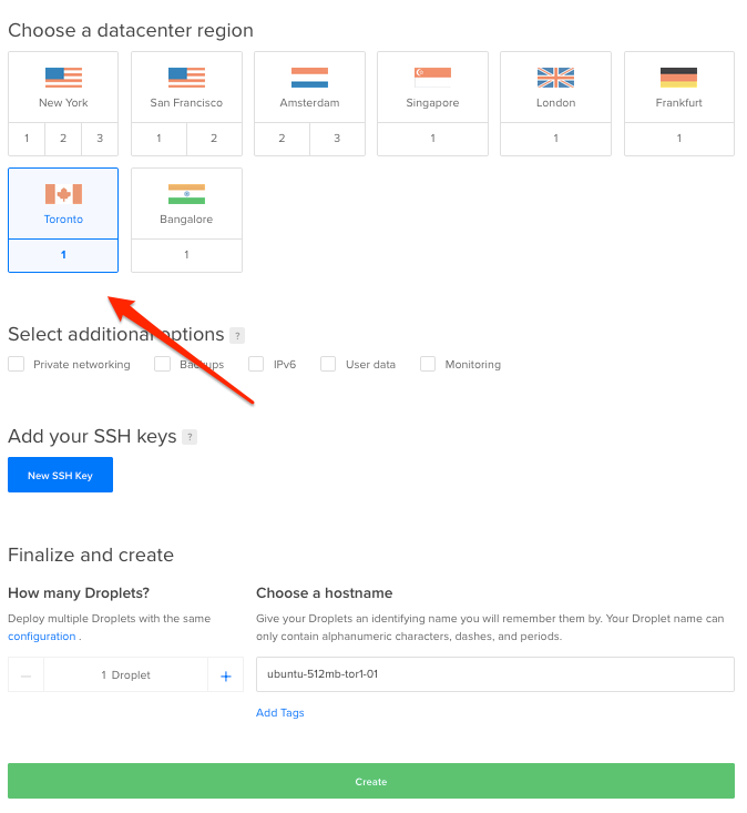 Digital Ocean create droplet select Data center