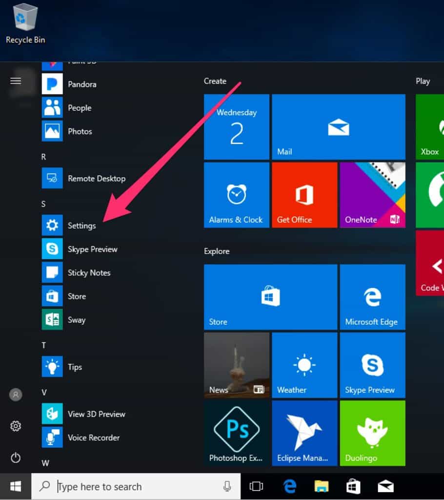 MS 10 settings menu item
