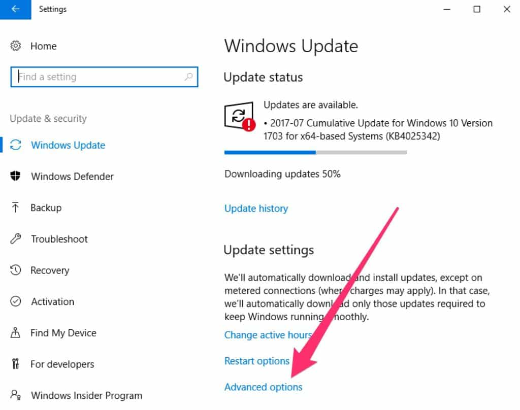 MS 10 updates advanced options link