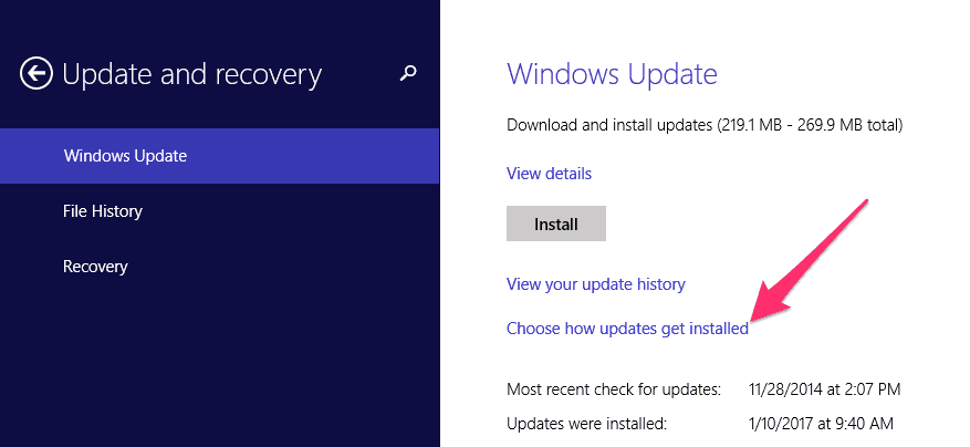 Windows choose how updates are installed menu