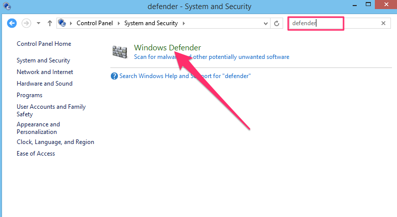 Windows control panel search for defender