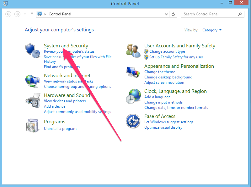 Windows control panel system and security