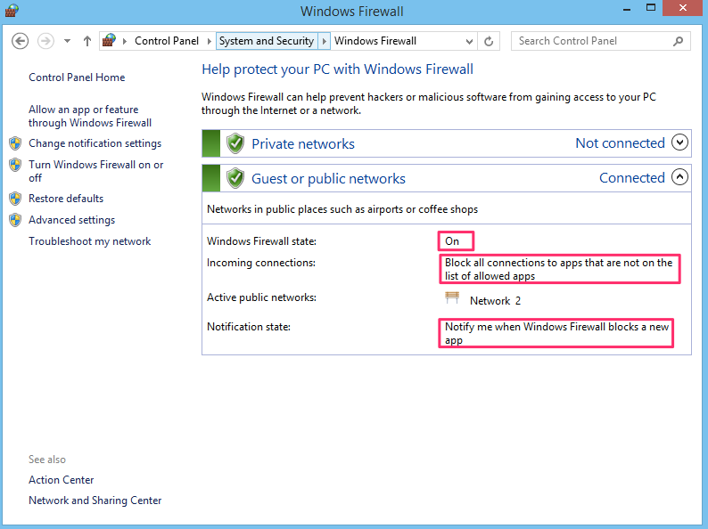 Windows firewall settings