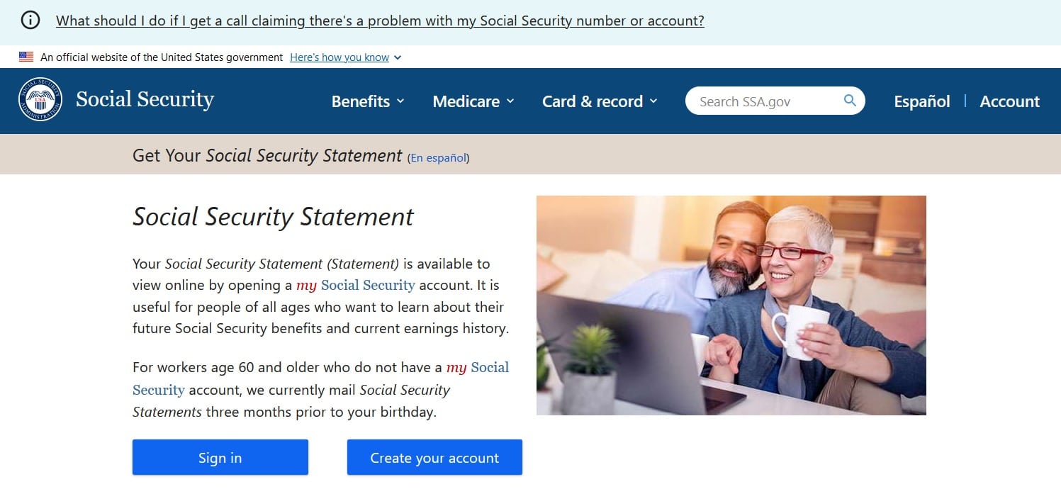 Screenshot of SSA.gov's statement login page