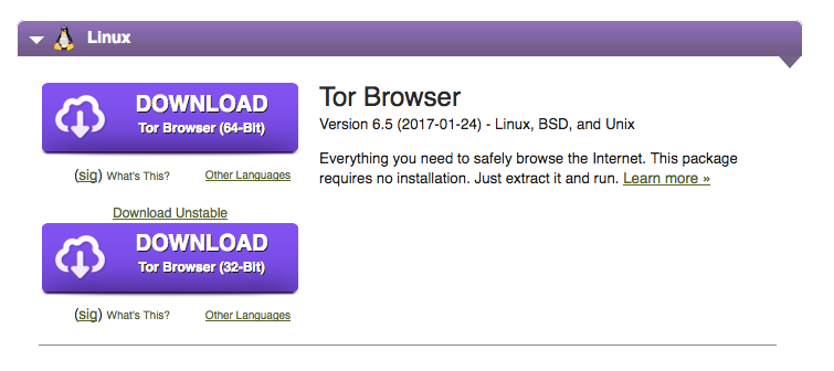 linux tor download prompt