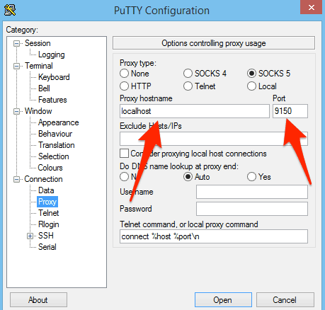 putty proxy settings