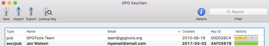 GPG keychain key listing