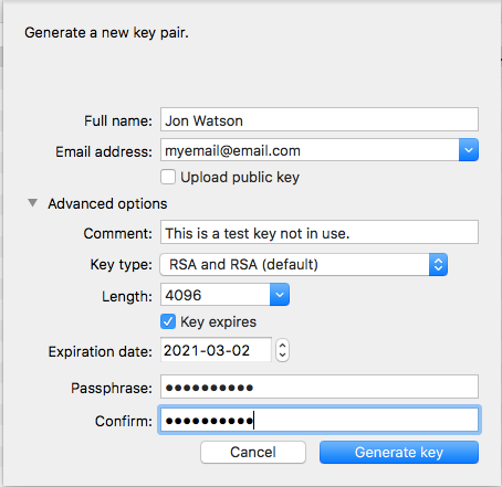GPG keychain keypair configuration