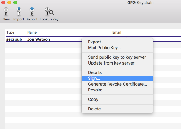 GPG keychain sign menu option