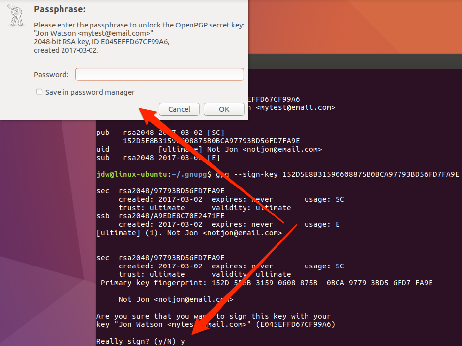 Ubuntu GPG sign key password prompt command line
