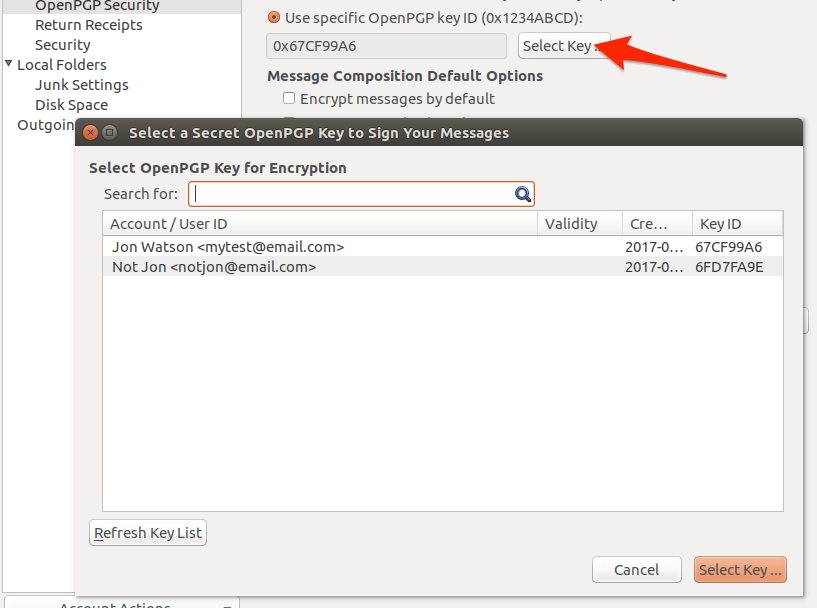 Ubuntu engimail account key selection options