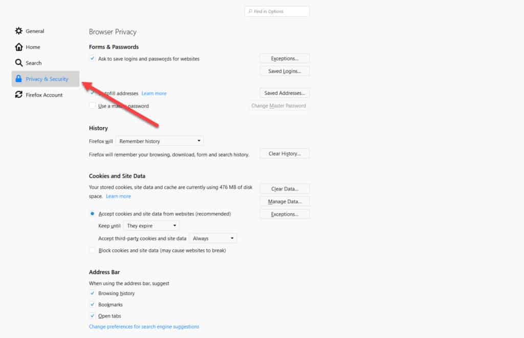 firefox privacy tab cookies