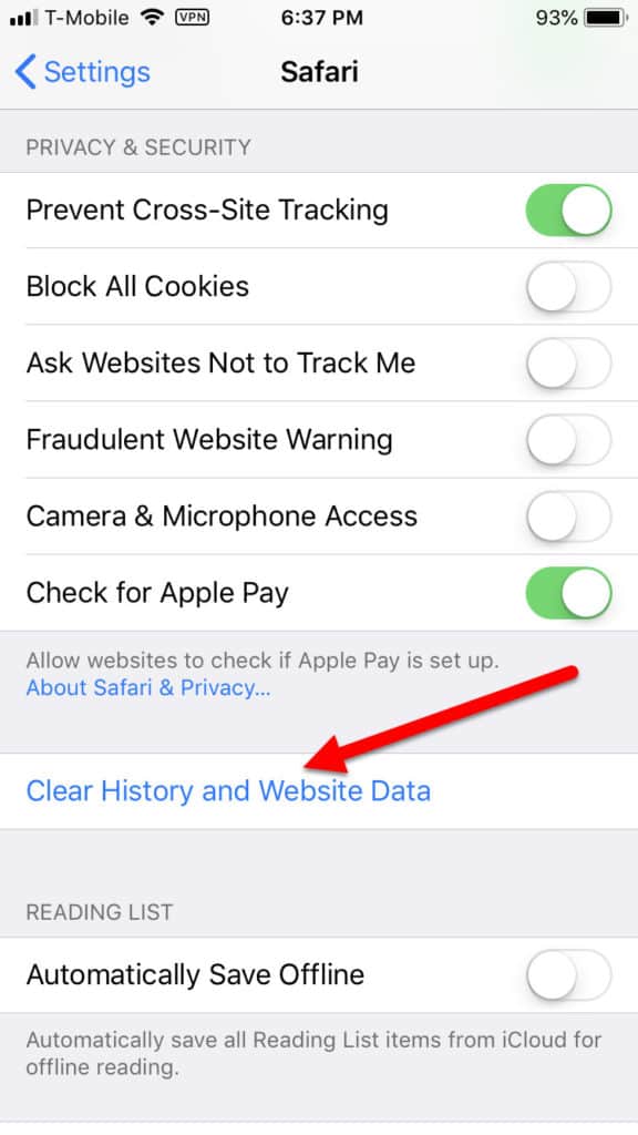 safari ios cookies clear