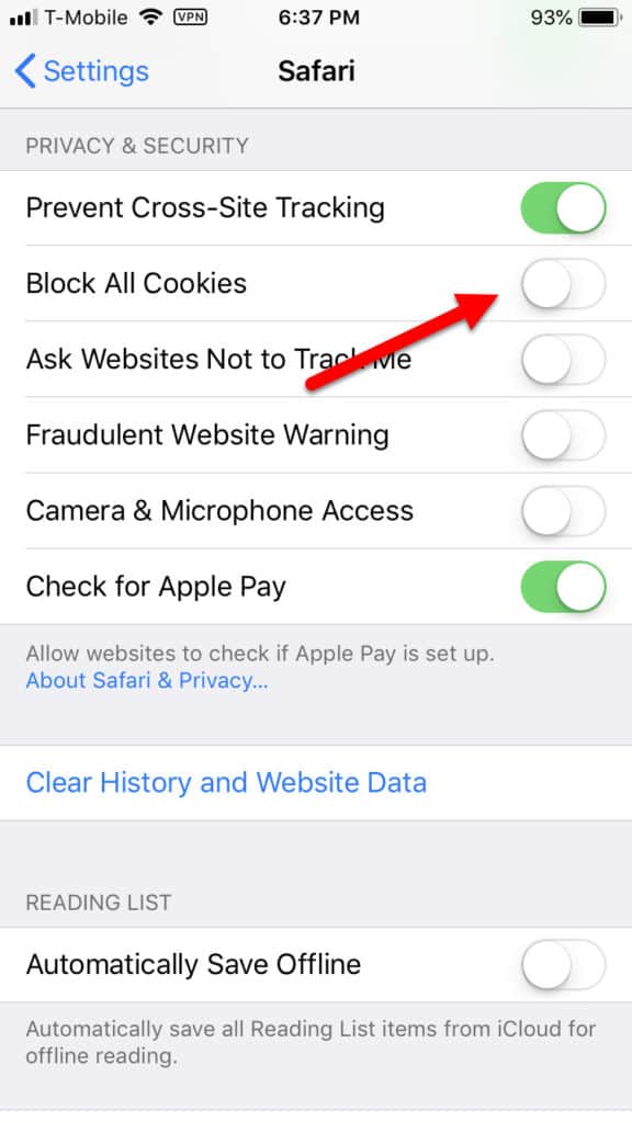 ios safari block all cookies