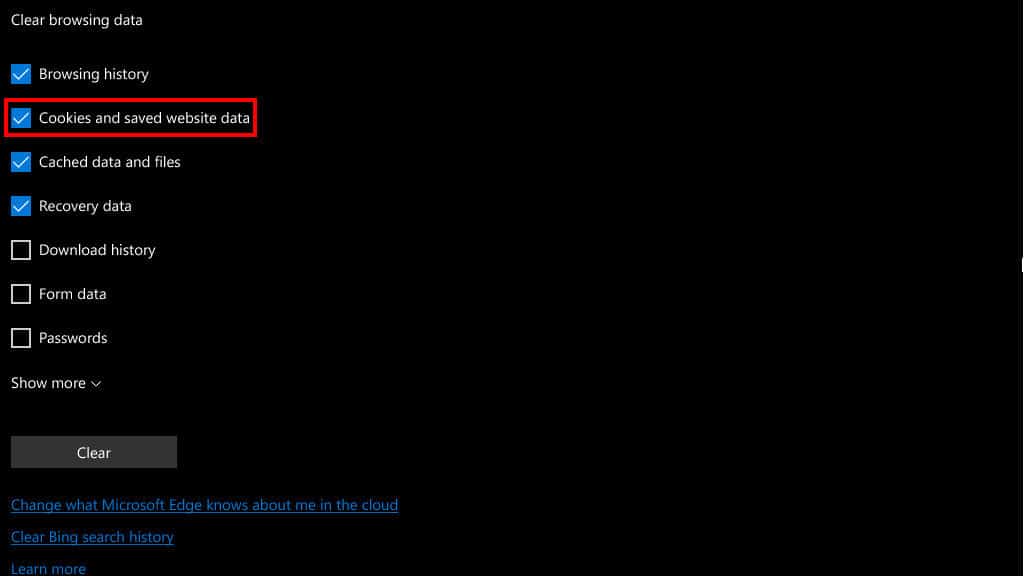 saved website data clear cookies windows mobile
