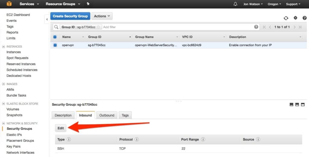 EC2 edit security group button