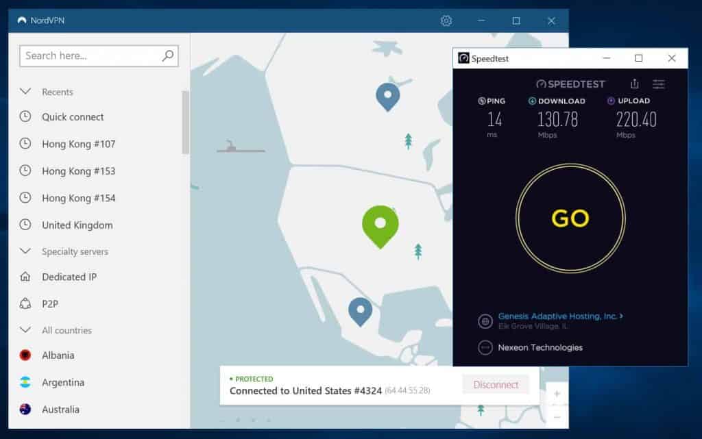 NordVPN speed test.