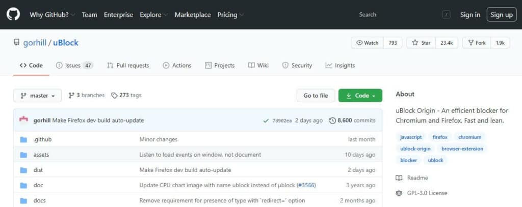 uBlock Origin homepage.