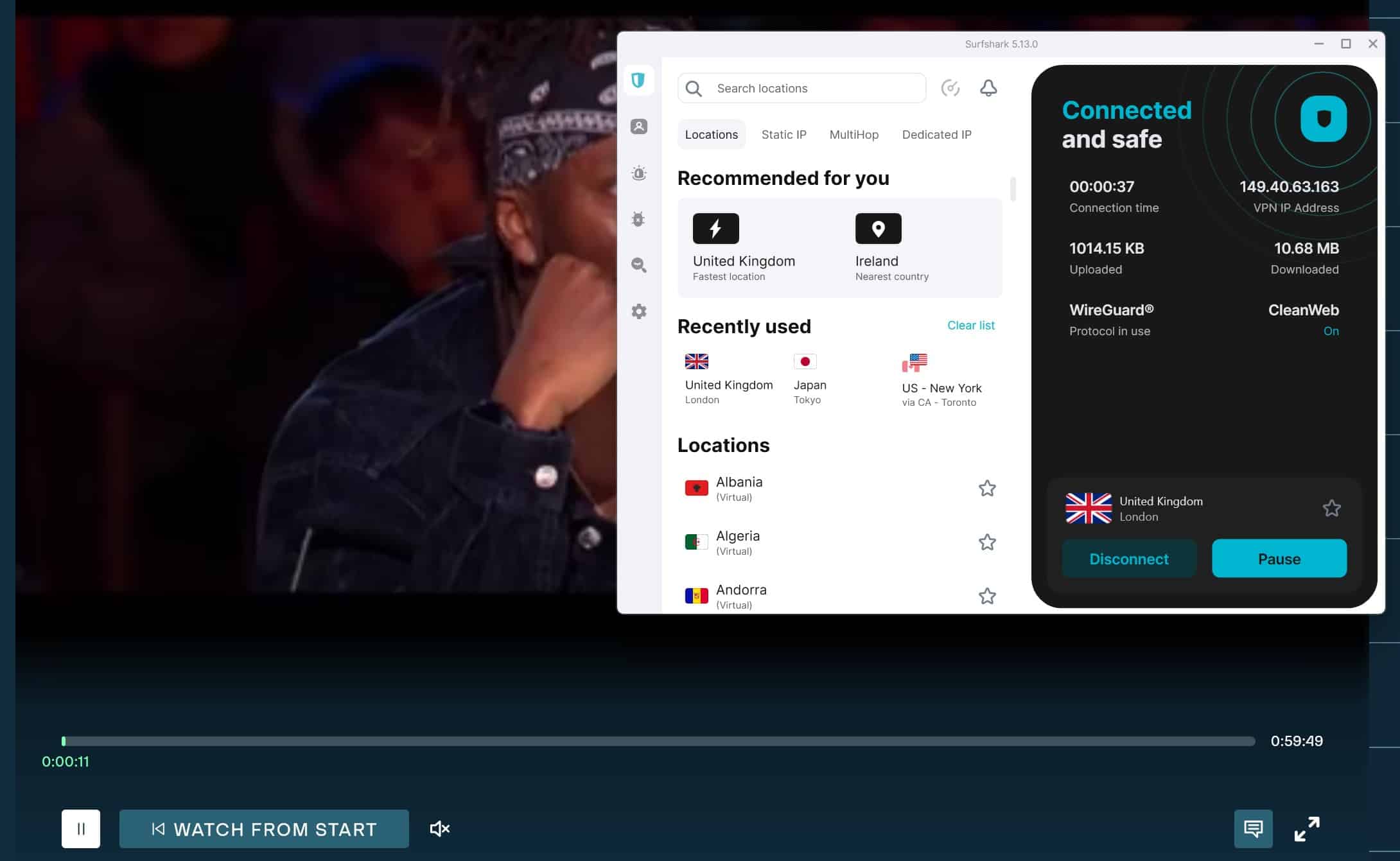 Screenshot of ITVX playing while Surfshark is active