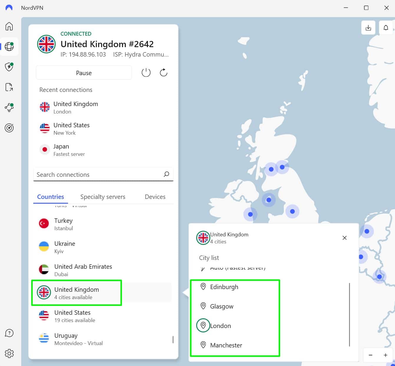 Screenshot of NordVPN's UK server locations