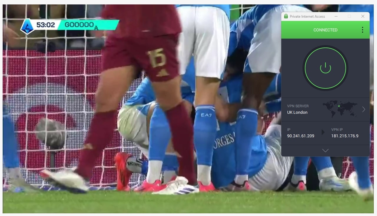 Screenshot of TNT Sports playing content with PIA active