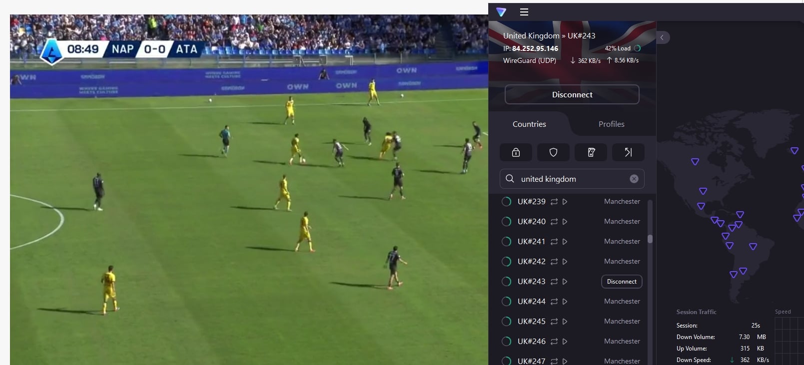 Screenshot of TNT sports playing content with ProtonVPN connected