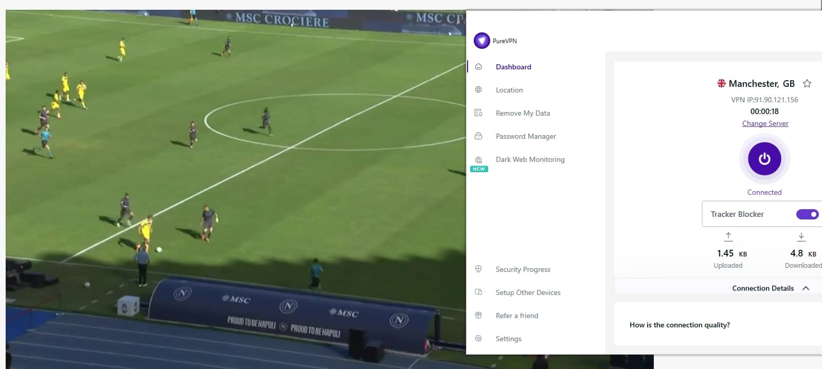 Screenshot showing TNT sports playing content with PureVPN active