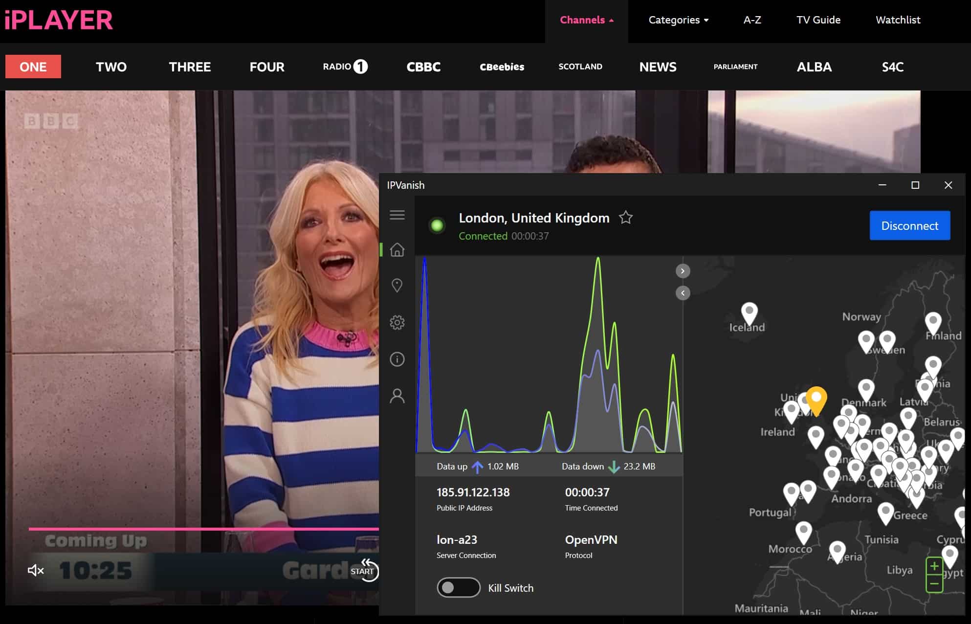 Screenshot of BBC iPlayer playing content with IPVanish active