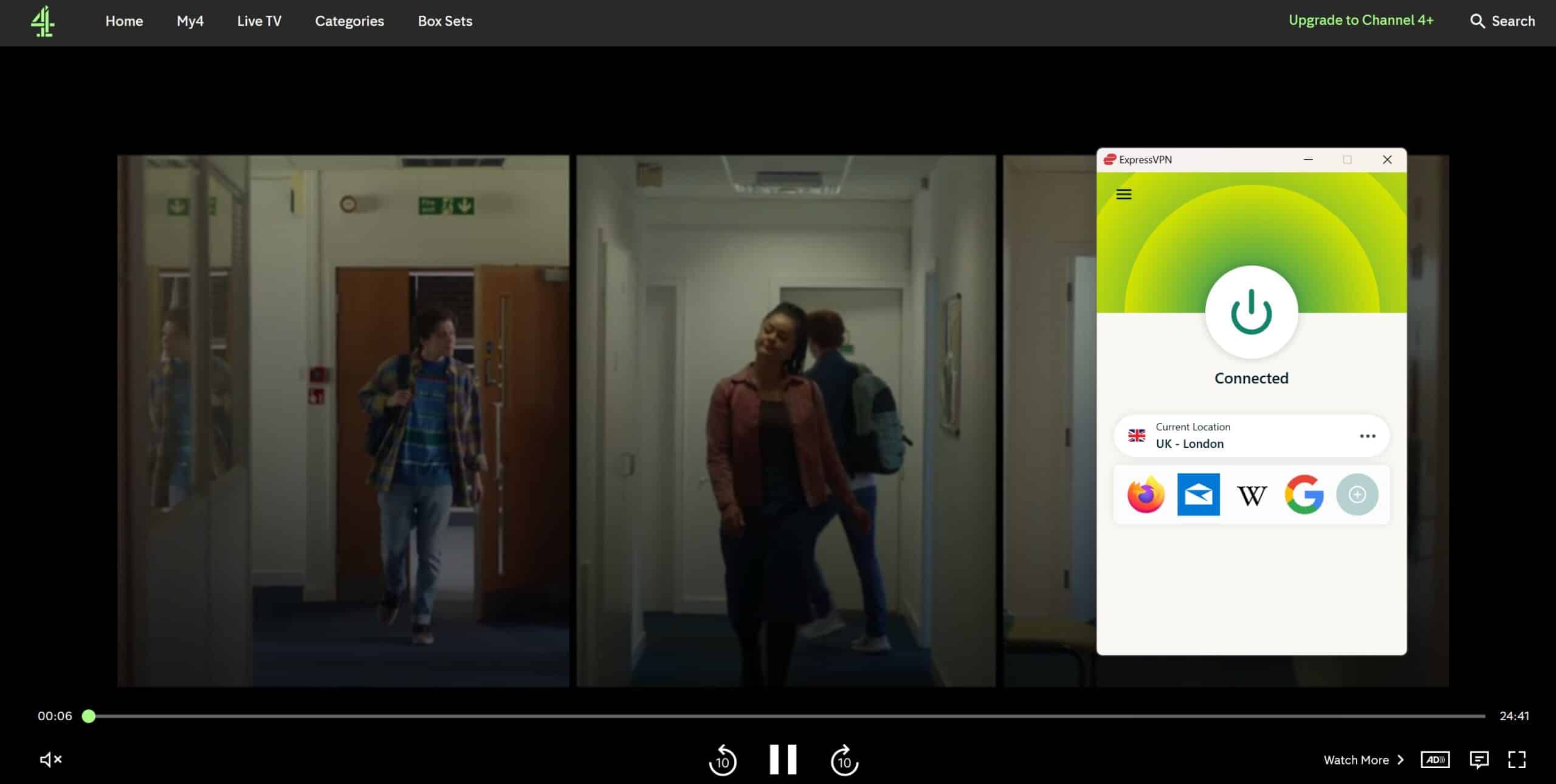 Screenshot showing My4 streaming content with ExpressVPN active