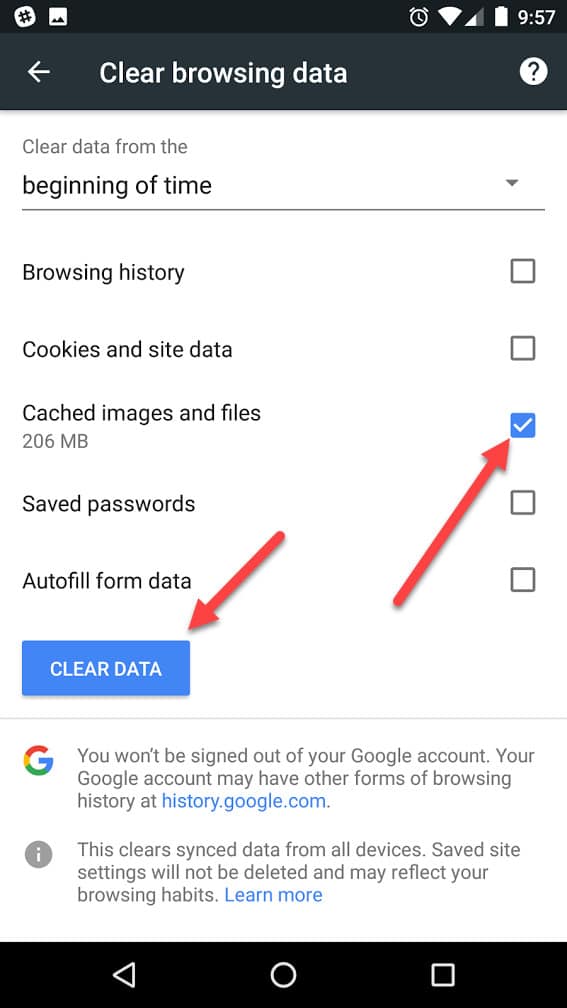 android clear cache button finish
