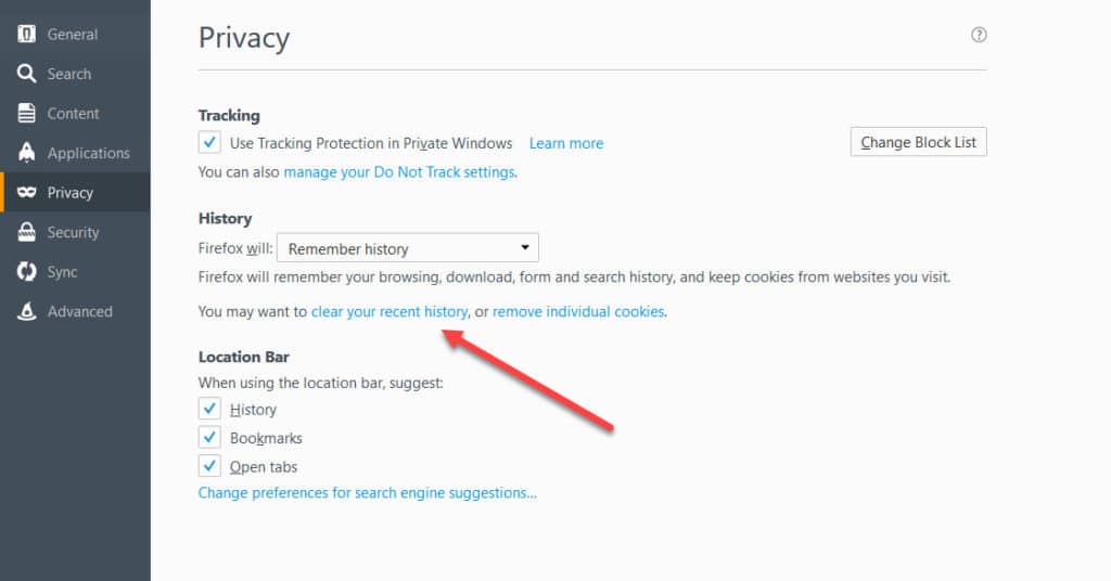 recent history firefox cache