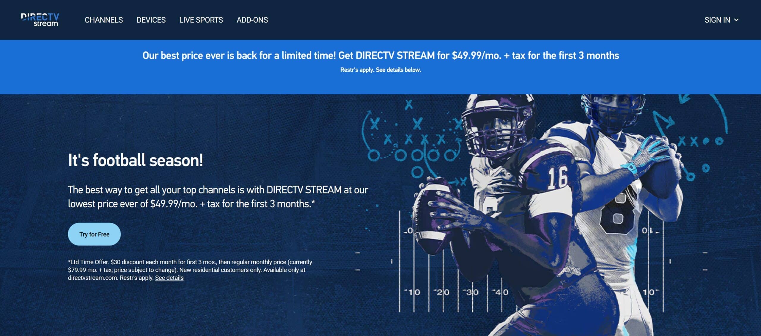 Screenshot of DirecTV Stream's homepage