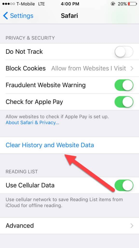 clear website data ios cache clear