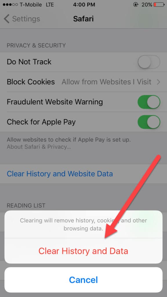 clear ios cache browsing data
