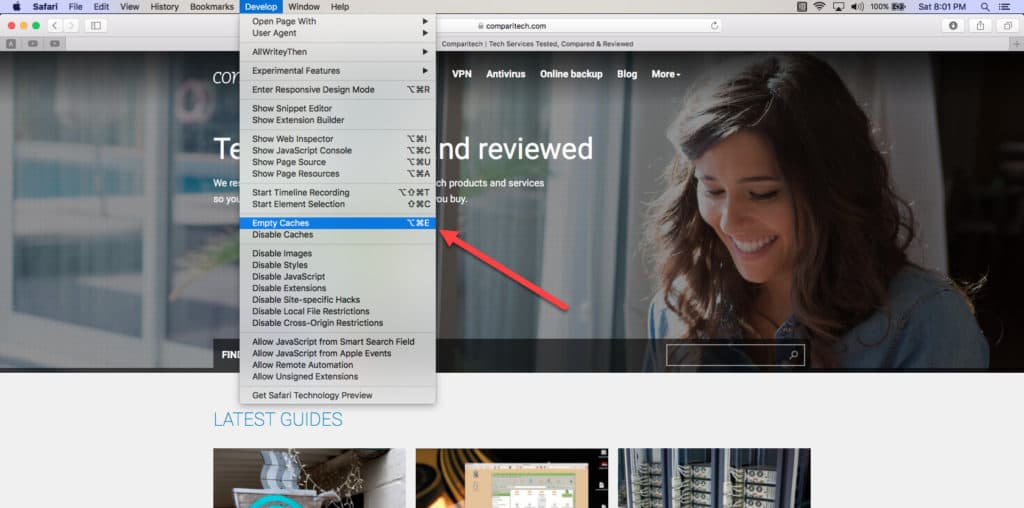 safari develop menu cache clear