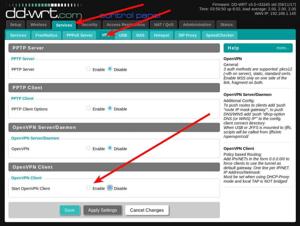 DD-WRT VPN screen
