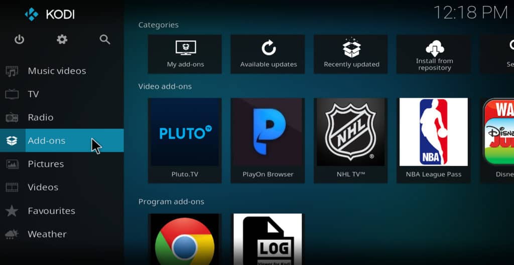 Addons selection from Kodi main menu