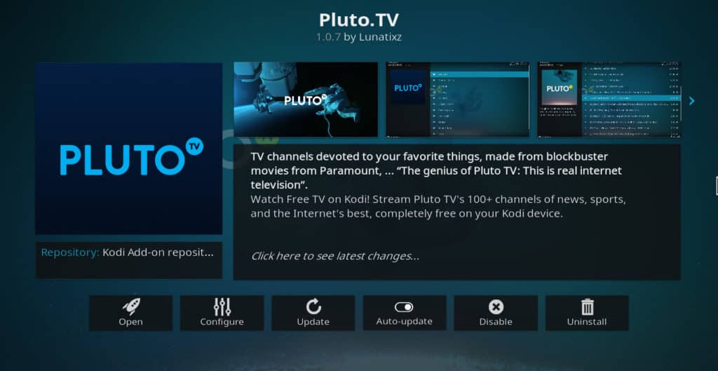 Pluto.tv Kodi addon information screen