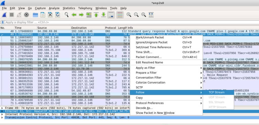Wireshark packet list screenshot