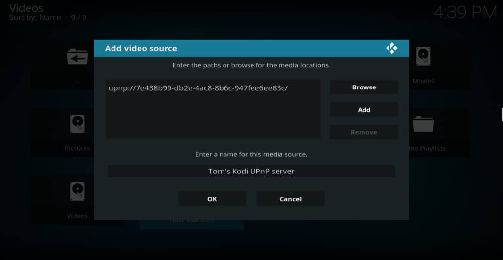 Kodi add UPnP server as source