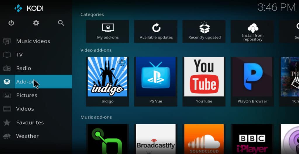 Kodi addons menu