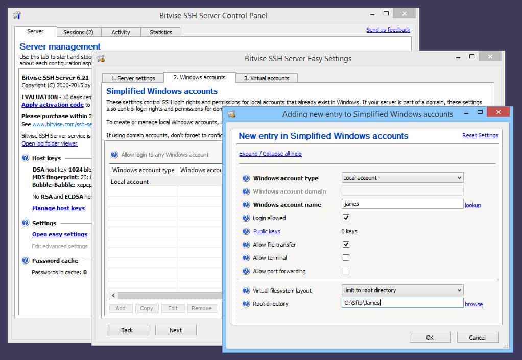Bitvise SSH Server Control Panel
